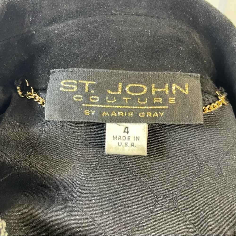 ST. JOHN Couture 2 Piece Tweed Texture Jacket + Mini Skirt Gold Button Suede C14